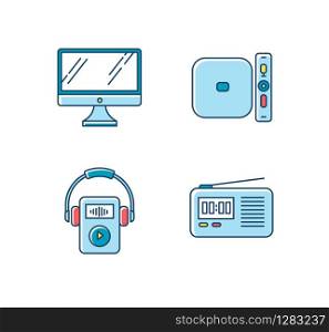 Mobile devices RGB color icons set. Pocket electronic gadgets. Smart technology. Desktop computer, MP3 music player. Radio set, media player. Compact digital tools. Isolated vector illustrations