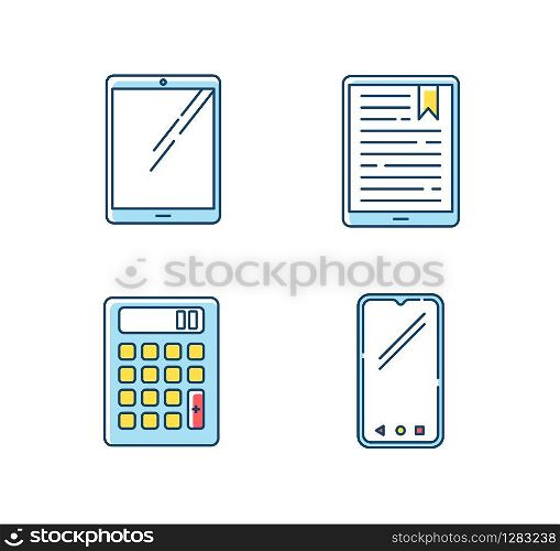 Mobile devices RGB color icons set. Pocket electronic gadgets. Smart technology. Tablet, e-reader, e-book. Smartphone, calculator. Compact digital tools. Isolated vector illustrations