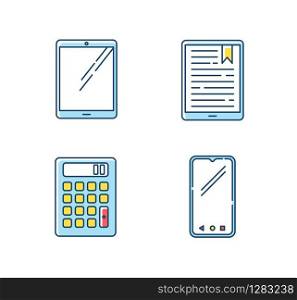 Mobile devices RGB color icons set. Pocket electronic gadgets. Smart technology. Tablet, e-reader, e-book. Smartphone, calculator. Compact digital tools. Isolated vector illustrations