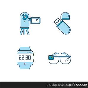 Mobile devices RGB color icons set. Pocket electronic gadgets. Smart technology. Flash drive, video camera. Smartwatch, smartglasses. Compact digital tools. Isolated vector illustrations