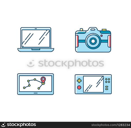Mobile devices RGB color icons set. Pocket electronic gadgets. Smart technology. Navigation assistant, game console. Laptop, photo camera. Compact digital tools. Isolated vector illustrations