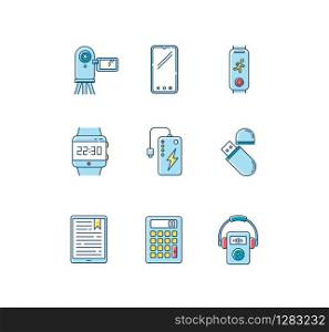 Mobile devices RGB color icons set. Pocket electronic gadgets. Smart technology. Powerbank, smartphone, video camera. Flash drive, calculator. Compact digital tools. Isolated vector illustrations