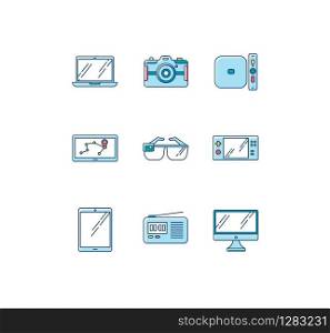 Mobile devices RGB color icons set. Pocket electronic gadgets. Smart technology. Tablet, laptop, computer. Navigator, smartglasses, radio set. Compact digital tools. Isolated vector illustrations