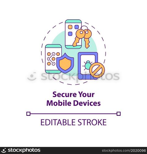Mobile devices security concept icon. Secure mobile internet connection. Personal data protection online abstract idea thin line illustration. Vector isolated outline color drawing. Editable stroke. Mobile devices security concept icon