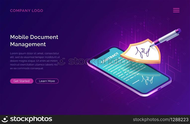 Mobile document manager business concept vector isometric illustration. Online signing of contract on digital smartphone screen, shield and stylus pen, purple landing web page for application. Mobile document manager business concept
