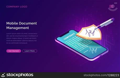 Mobile document manager business concept vector isometric illustration. Online signing of contract on digital smartphone screen, shield and stylus pen, purple landing web page for application. Mobile document manager business concept