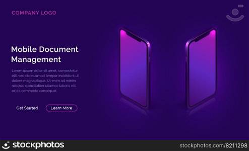 Mobile document manager business concept vector isometric illustration. Two 3D mobile phones turned away from each other by screens isolated on ultraviolet background. Mobile document manager business concept
