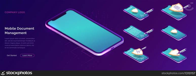 Mobile document manager business concept vector isometric illustration Online signing of contract on digital smartphone or tablet screen, shield and stylus pen, purple landing web page for application. Mobile document manager business concept