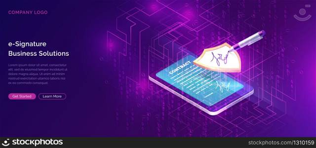 Mobile document manager business concept vector isometric illustration Online signing of contract on digital smartphone or tablet screen, shield and stylus pen, purple ultraviolet digital background. Mobile document manager business concept