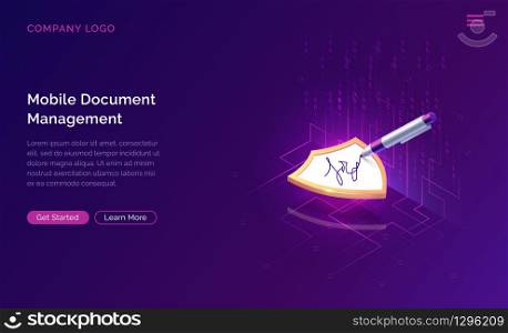 Mobile document manager or e-signature business concept vector isometric illustration. Online signing, shield and stylus pen, purple horizontal banner with data waterfall, landing web page for app. Mobile document manager or e-signature concept