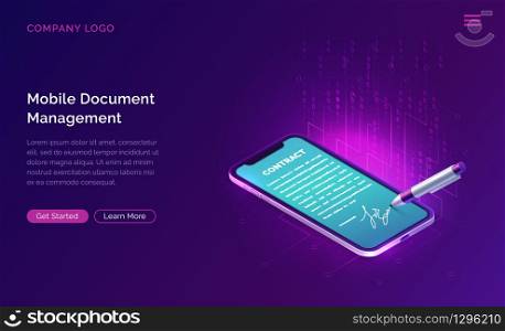 Mobile document manager or e-signature business concept vector isometric illustration. Online signing of contract on digital smartphone screen and stylus pen, purple horizontal banner, landing webpage. Mobile document manager or e-signature concept