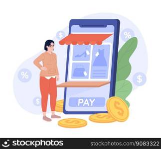 Mobile e commerce app flat concept vector spot illustration. Editable 2D cartoon character on white for web design. Online clothing store creative idea for website, magazine. Quicksand font used. Mobile e commerce app flat concept vector spot illustration