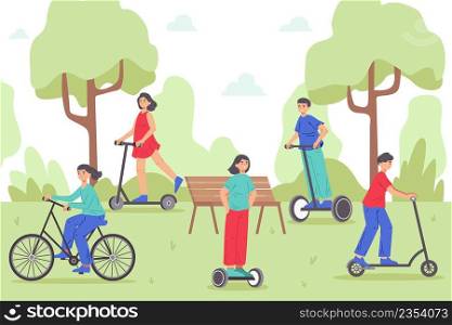 Mobile eco transport, people electric bike or bicycle in park. Man and woman moving by eco-friendly vehicles vector illustration. Healthy sport activities. Eco electric transport, city modern vehicle. Mobile eco transport, people riding electric bike or bicycle in park. Man and woman moving by eco-friendly vehicles vector illustration. Healthy sport activities