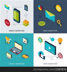 Mobile email digital and video marketing design concept set with isometric icons isolated vector illustration. Marketing Isometric Set