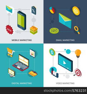 Mobile email digital and video marketing design concept set with isometric icons isolated vector illustration