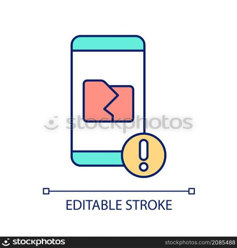 Mobile error control RGB color icon. Technology optimization and problem detection. Search for file. Isolated vector illustration. Simple filled line drawing. Editable stroke. Arial font used. Mobile error control RGB color icon