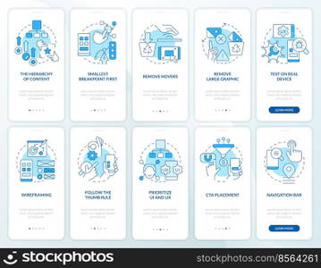 Mobile first design blue onboarding mobile app screen set. Walkthrough 5 steps editable graphic instructions with linear concepts. UI, UX, GUI template. Myriad Pro-Bold, Regular fonts used. Mobile first design blue onboarding mobile app screen set