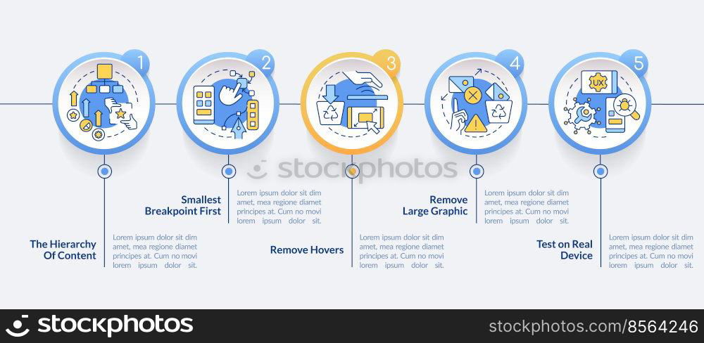 Mobile first design process circle infographic template. Data visualization with 5 steps. Editable timeline info chart. Workflow layout with line icons. Lato-Bold, Regular fonts used. Mobile first design process circle infographic template