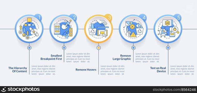 Mobile first design process circle infographic template. Data visualization with 5 steps. Editable timeline info chart. Workflow layout with line icons. Lato-Bold, Regular fonts used. Mobile first design process circle infographic template