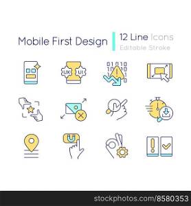 Mobile first design RGB color icons set. Website development. Smartphone application. Isolated vector illustrations. Simple filled line drawings collection. Editable stroke. Quicksand-Light font used. Mobile first design RGB color icons set
