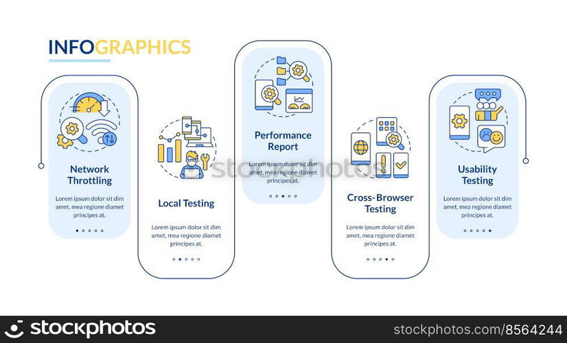 Mobile first design testing blue rectangle infographic template. Data visualization with 5 steps. Editable timeline info chart. Workflow layout with line icons. Lato-Bold, Regular fonts used. Mobile first design testing blue rectangle infographic template