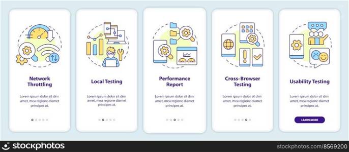 Mobile first design testing onboarding mobile app screen. Walkthrough 5 steps editable graphic instructions with linear concepts. UI, UX, GUI template. Myriad Pro-Bold, Regular fonts used. Mobile first design testing onboarding mobile app screen
