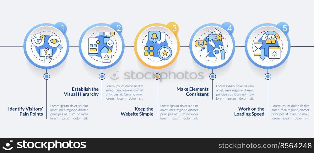 Mobile first key elements circle infographic template. Data visualization with 5 steps. Editable timeline info chart. Workflow layout with line icons. Lato-Bold, Regular fonts used. Mobile first key elements circle infographic template