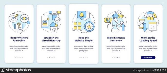 Mobile first key elements onboarding mobile app screen. Walkthrough 5 steps editable graphic instructions with linear concepts. UI, UX, GUI template. Myriad Pro-Bold, Regular fonts used. Mobile first key elements onboarding mobile app screen