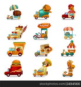 Mobile food stores and delivery trucks cartoon set isolated vector illustration. Food Trucks Set