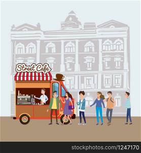 Mobile food Van, Coffe Food Truck vector, barista salesman, characters, men and women stand in line for coffee, and snacks, illustration. Mobile food Van, Coffe Food Truck vector, barista salesman, characters, men and women stand in line for coffee, and snacks, illustration, Coffee and desserts truck, vector, cartoon style