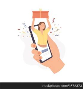 Mobile gift service. Woman holds gift box on phone screen, buy present in digital online store, delivery parcel app, vector concept. Ordering in internet. Girl character receiving present. Mobile gift service. Woman holds gift box on phone screen, buy present in digital online store, delivery parcel app, vector concept