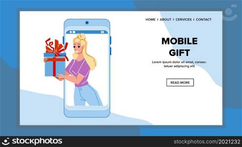 Mobile Gift Woman Sending In Messenger Vector. Young Gir Holding Present Box Decorated Ribbon And Bow In Smartphone Screen, Getting Mobile Gift. Character Web Flat Cartoon Illustration. Mobile Gift Woman Sending In Messenger Vector
