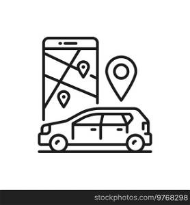 Mobile gps navigation and smartphone with map, car sharing service application. Taxi and delivery by vehicle, pinpoint above car, travel guide. Smartphone map, car sharing service gps navigation