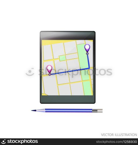 Mobile GPS navigation. Phone map application and points on screen. App search map navigation. Isolated online maps on screen tablet. Vector Illustration.. Map GPS navigation. Phone map application and points on screen. App search map navigation. Isolated online maps.
