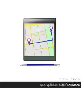 Mobile GPS navigation. Phone map application and points on screen. App search map navigation. Isolated online maps on screen tablet. Vector Illustration.. Map GPS navigation. Phone map application and points on screen. App search map navigation. Isolated online maps.