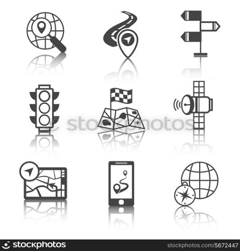 Mobile gps route navigation and travel black and white icons set isolated vector illustration