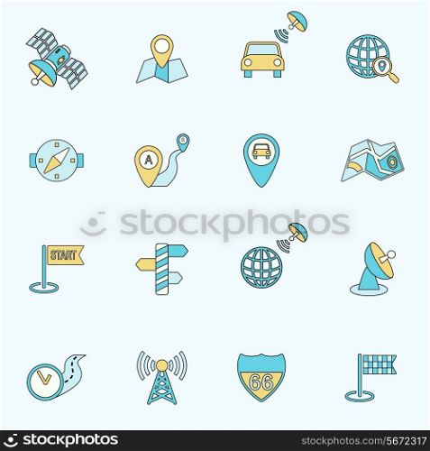 Mobile gps street navigation and travel flat line icons set isolated vector illustration.