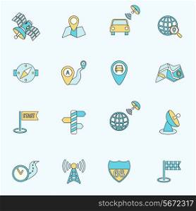 Mobile gps street navigation and travel flat line icons set isolated vector illustration.