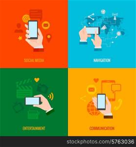 Mobile hand phone navigation social networking and multimedia entertainment 4 flat icons set abstract isolated vector illustration