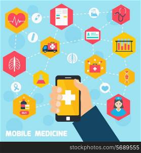 Mobile health concept with human hand holding smartphone and medicine icons connected vector illustration