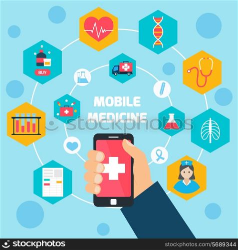 Mobile health concept with human hand holding smartphone vector illustration