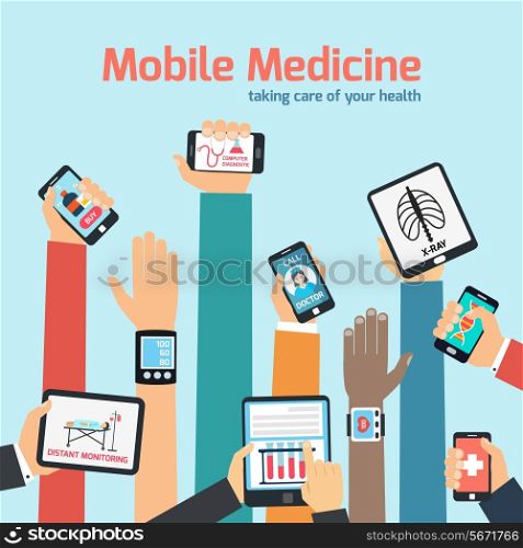 Mobile health concept with human hands holding gadgets vector illustration