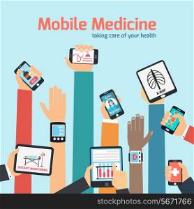 Mobile health concept with human hands holding gadgets vector illustration