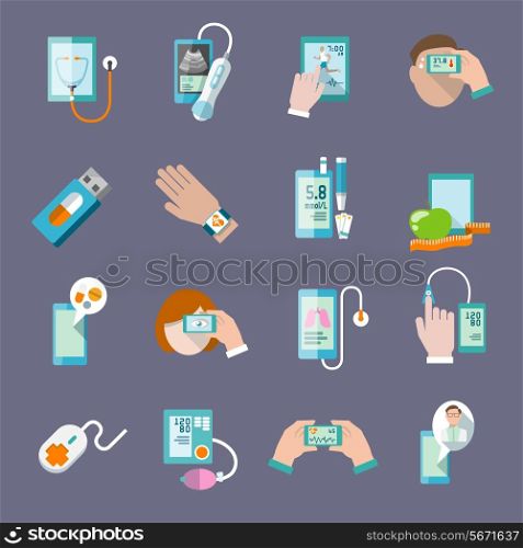 Mobile health online pharmacy computer diagnostics icons flat set isolated vector illustration