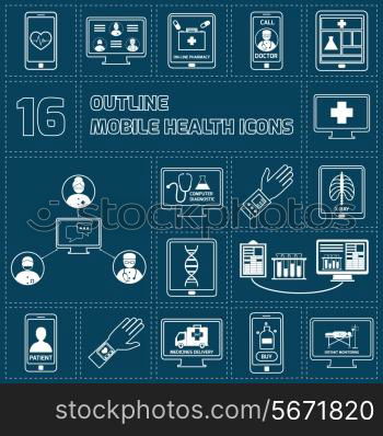 Mobile health online pharmacy computer diagnostics icons outline set isolated vector illustration