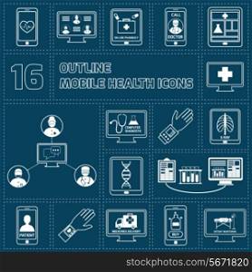 Mobile health online pharmacy computer diagnostics icons outline set isolated vector illustration
