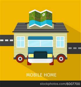 Mobile home flat design banner. Caravan and manufactured home, trailer home, camper and house, exterior residential, architecture facade, real estate transportation illustration