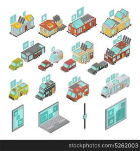 Mobile Homes Isometric Set. Mobile homes isometric set including electronic devices vans and houses trailers with technologies icons isolated vector illustration