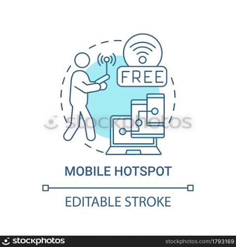 Mobile hotspot blue concept icon. Smartphone connection sharing abstract idea thin line illustration. Wireless internet connection. Vector isolated outline color drawing. Editable stroke. Mobile hotspot blue concept icon