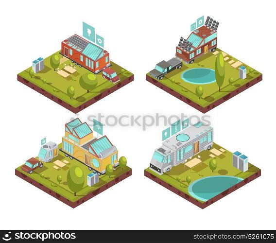 Mobile House Isometric Compositions. Isometric compositions with mobile house, roof solar panels, technologies icons at campsite in summertime isolated vector illustration